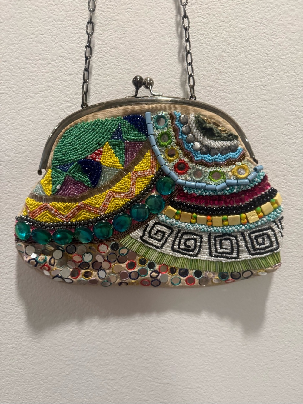 Vintage Mango Beaded Kiss Lock Evening Bag Boho Festival Clutch Purse